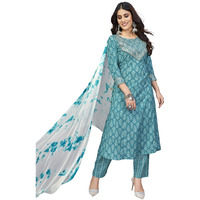 Vbuyz Women's Cotton Print & Sequience A-Line Stitched Kurta Pant With Dupatta | Party Festival Kurta Set | Kurta Set For Women | Suit Set For Women | Kurti Dress Set | Cotton Fabric Set