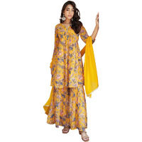 Janasya Women's Yellow Georgette Digital Floral Printed Kurta with Sharara and Dupatta(SET754-KR-SHA-XS)