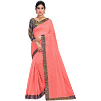StyleScope Women's Cotton Blend Saree With Cotton Blend Unstitched Blouse Piece.(Peach,Navy Blue)