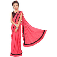 Dhyey fashion Girls Lycra Blend Ruffle Pattern Saree With Velvet Unstitched Blouse Piece