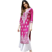 ANNI DESIGNER Women's Rayon Blend Straight Chikankari Embroidered Kurta (Victoria Pink_L_Beige_Large)