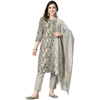 Stylum Women's Floral Printed Cotton Blend Straight Kurta Pant Dupatta Set (KPDGREENDANGAL44_Green, XXL)