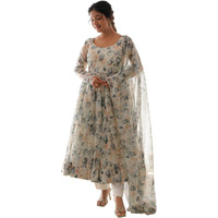 Shasmi Women's White Grey Georgette Anarkali Floral Printed Kurta with Pant & Dupatta (Dress 114 White Grey 3XL)