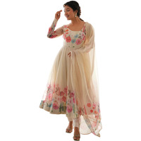 Shasmi Women's White Pink Georgette Anarkali Floral Printed Kurta with Pant & Dupatta (Dress 114 White Pink M)