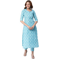 ANNI DESIGNER Women's Cotton Blend Printed Straight Kurta with Pant (KIDYA Blue_L_Blue_Large)