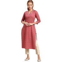 rytras Women's Cotton Floral Printed Straight Kurta(Peach,L)