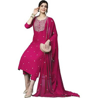 ANNI DESIGNER Women's Cotton Blend Embroidered Straight Kurta with Pant & Dupatta (Kasturi Pink-APL_M_Pink_Medium)