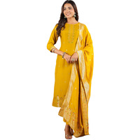 Janasya Women's Mustard Silk Blend Jacquard Paithani Style Straight Kurta Set (JAC24ST01617-XL)