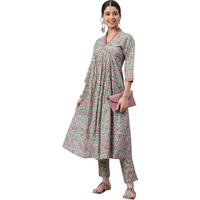 Janasya Women's Sea Green Cotton Floral Print Kurta with Pant