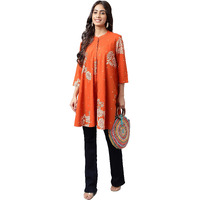 Janasya Women's Orange Cotton Floral Printed Flared Tunic(JNE4206-TU-M)