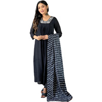 Naixa Women's Black Silk Chiffon Embroidered Flared Kurta with Silk Chiffon Pant and Poly Chiffon Printed Dupatta Sets (NX-452-Black-M)