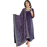 Naixa Women's Wine Silk Chiffon Embroidered Flared Kurta with Silk Chiffon Pant and Poly Chiffon Printed Dupatta Sets (NX-516-Wine-S)