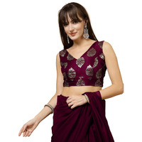 OOMPH! Women's Indian Ethnic Wear Designer Big Paisley Pattern Zari Work V Neck Sleeveless Aubergine Purple Color Brocade Readymade Blouse for Saree or Lehnga and Fusion Twist. XXL