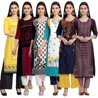 Pinkmint Elegant Printed Crepe Kurti's for Women's ll Fashionable Kurti ll Stright Round Neck Kurti (Pack of 6)