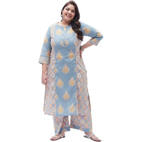 Tissu Women's Plus Size Grey & Yellow Printed Kurta with Palazzo (T-Plus-614_Grey_4XL)