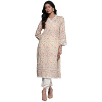 Varanga Women Off-White Floral Printed Straight Kurta  V Neck, Lace Detail, Long Flared Sleeves for Stylish Design (Double Extra Large)