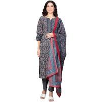 idaLia Womens Ethnic Wear Pink Printed Straight Cotton Kurta Set with Dupatta for Women (Indigo Blue, X-Small)