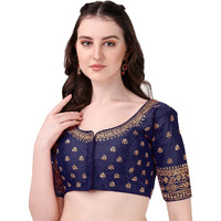Pujia Mills Women's Silk Embroidery Coding Multi Work Readymade Saree Blouse (Bundi Navy Blue_38)