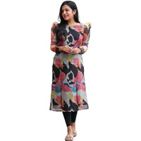24 Carat Suit Women's Organza Straight Printed Collage Collage Kurti (2CKT9_Black_XS)