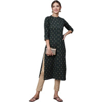 Bollyclues Women's Printed Crepe Straight Printed Kurti(BC-Butti) Black