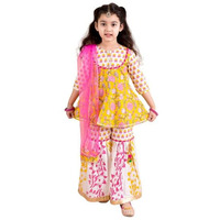 Pspeaches Girls Yellow Floral Printed Pure Cotton Kurti With Sharara With Dupatta (Yellow-12-14Y)