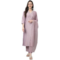 Janasya Women's Lavender Chinon Embellished Kurta with Pant and Dupatta(SET566-KR-NP-XS)