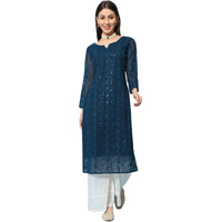 Gufrina Women's 3/4 Sleeve Lakhnavi Embroidery Work Kurta with Chikankari Palazzo Set - Elegant Ethnic Wear (Teal L)