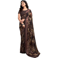 Satrani Women's Georgette Floral Printed Satin Stripe Saree with Unstitched Blouse Piece (3881S121N_Brown)