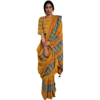 Jaanvi fashion Women's Hand Block Print Mul Cotton Saree with Blouse Piece (sunshine-bloom-yellow)