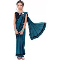 Dhyey fashion Girls Lycra Blend Ruffle Pattern Saree With Velvet Unstitched Blouse Piece
