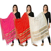 KEMZA Women's Zari Work Batik Surface Soft Silk Dupatta Combo (Pink-Red-White) Pack of 3