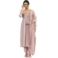 Womanista Cotton Blend Women's Floral Yoke Design Pleated Thread Work Mauve Kurta With Trousers & Dupatta(Kurtaset_1214_Xxl), Kurta Trouser With Dupatta Set