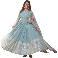 Wedani Faux Georgette Embroidered Work Anarkali Kurta Set for Women (IN, Alpha, XL, Regular, SKY BLUE)