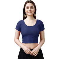 Pujia Mills Women's Readymade Dobby Cotton Lycra Stretchable Round Neck Short Sleeve Blouse Fancy Navy Blue Color Lycra Stretchable Blouse for Women Stylish Readymade Saree Blouse