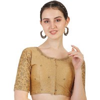 Pujia Mills Women's Phantom Silk Flower Half Sleeve Saree Blouse (Flowerr Blouse_Gold_36 Size+Margin)
