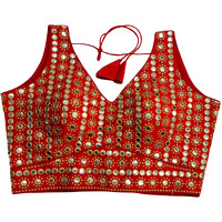 Pujia Mills Women's Readymade Blouse Sleeveless Blouse Embroidery jari Work Mirror Blouse Handwork Readymade Saree Blouse for Women for Saree and Lehenga Choli (B101 Red 36)