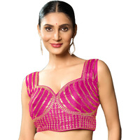 Pujia Mills Women's Readymade Blouse Embroidery Multi Coding Gold Thread Indian Ethnic Designer Stitched Readymade Saree Sleeveless Pink Blouse for Women for Saree Lehenga Choli