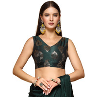 OOMPH! Women's Indian Ethnic Wear Designer Big Paisley Pattern Zari Work V Neck Sleeveless Forest Green Color Brocade Readymade Blouse for Saree or Lehnga and Fusion Twist. M