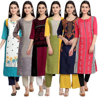 Pinkmint Elegant Printed Crepe Kurti's for Women's ll Fashionable Kurti ll Stright Round Neck Kurti (Pack of 6)