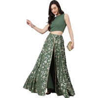 Janasya Women's Olive Green Crepe Lehenga Choli With Pant(SET576-LCP-XXXL)