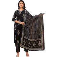 KLOSIA Women Black Printed Kurta and pant set with Dupatta | Ethnic Set | Kurta Set | Suits | Embroidery | (Small)
