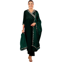 Janasya Women's Dark Green Velvet Zari Embroidered Anarkali Kurta Set (JAB24ST00740-XS)