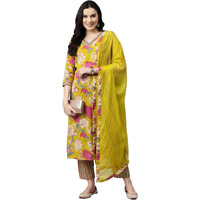 GoSriKi Women's Cotton Blend Straight Printed Kurta with Pant & Dupatta (GANITA Mustard-GS_4XL_Mustard_XXXX-Large)