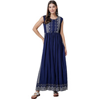Daevish Women's Printed Rayon High Side Slit Ankle Lenght Straight Kurta | Naira Cut Kurta for Women | Women Straight Kurta | Sleeveless Kurta Blue