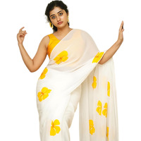 C J Enterprise Womens Pure Soft Cotton Saree Linen For Kalamkari Silk Sarees Latest Party Design Wear Wedding Sadi With Blouse Piece sari south mulmul ikkat mul print 2024 New (White Lotus Yellow)