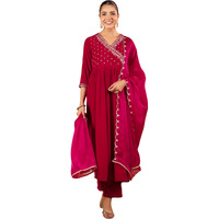 Janasya Women's Pink Velvet Zari Embroidered Anarkali Kurta Set (JAB24ST00731-XS)