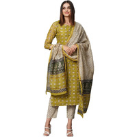 ANNI DESIGNER Women's Cotton Blend Straight Printed Kurta with Pant & Dupatta (Stamp Green_XXL_Green_XX-Large)