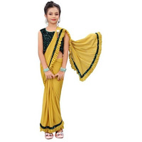 Dhyey fashion Girls Lycra Blend Ruffle Pattern Saree With Velvet Unstitched Blouse Piece