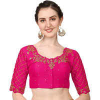 Vihu Fashion Women's Phantom Silk Half Sleeve Embroidery Handwork, Rough Cut Work Stone Work Readymade Blouse