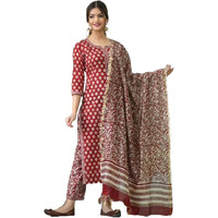 KLOSIA Women Printed Kurta and Pant Set with Dupatta (X-Large) Maroon